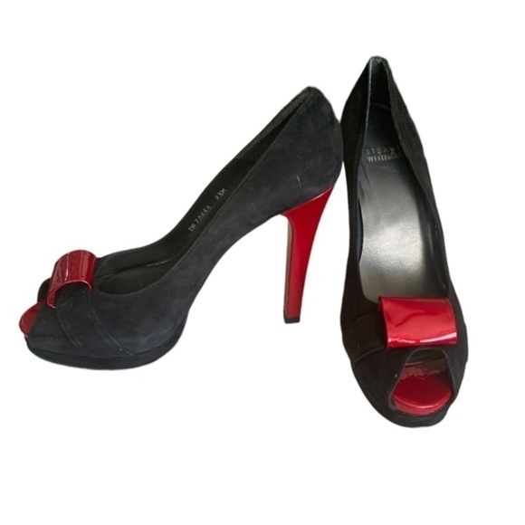 Stuart Weitzman Puento Black Suede Peep Toe Stiletto Heels Sz 8.5 Red Bow & Heel - Picture 1 of 14